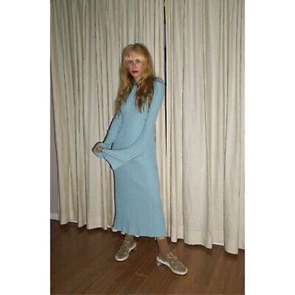 SIMON MILLER Teal Light Blue Ribbed Long Sleeve Fitted Maxi Dress Size Medium - Picture 12 of 14